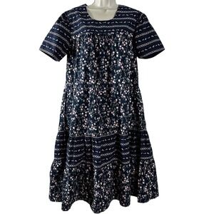 National Womens Vintage Dress Navy Blue Floral 100% Cotton Pockets Duster Size S